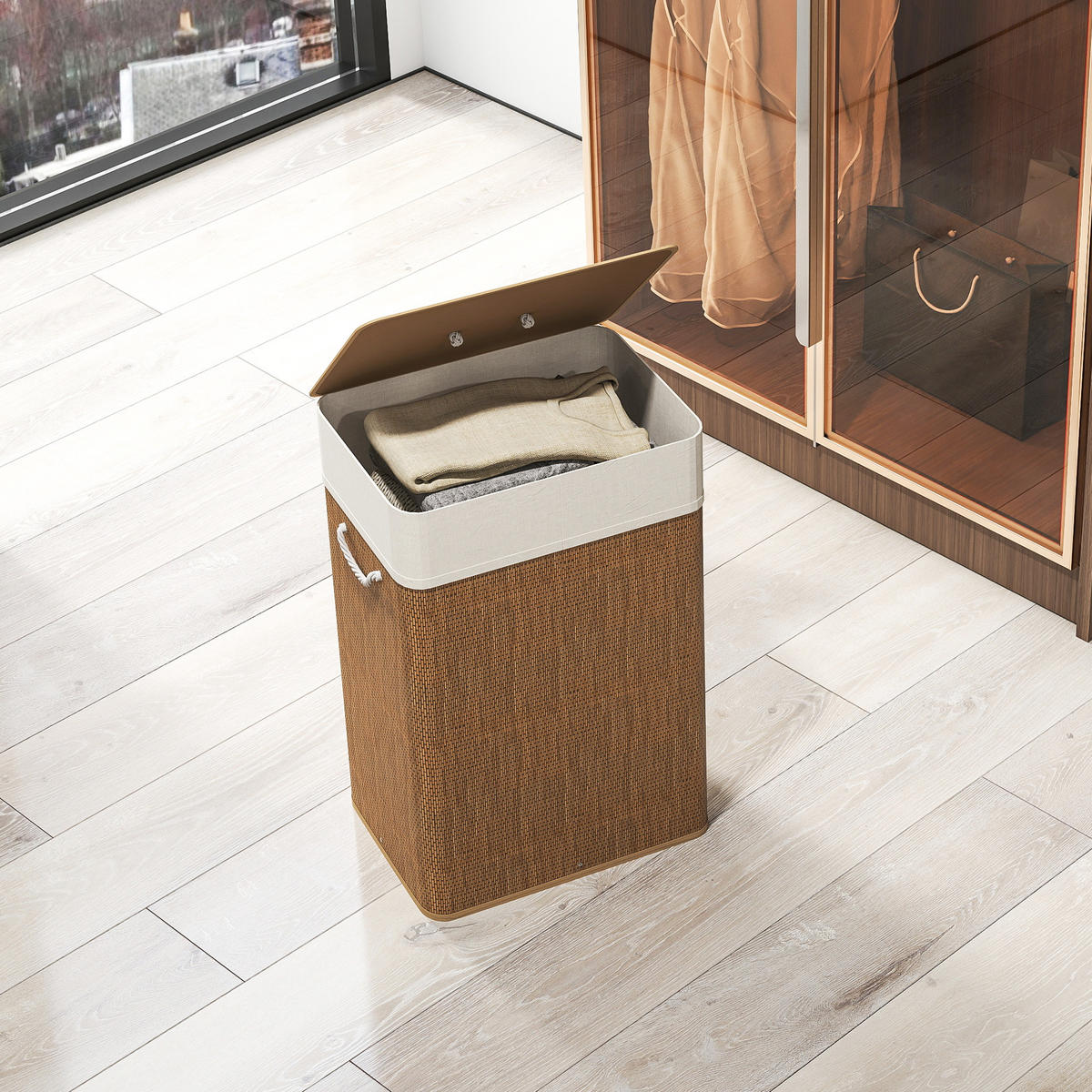 WÄSCHEKORB DE-09446 72 L mit Deckel & Bambusgriffen Braun - Braun, Naturmaterialien (40/60/30cm) - ComfortXL