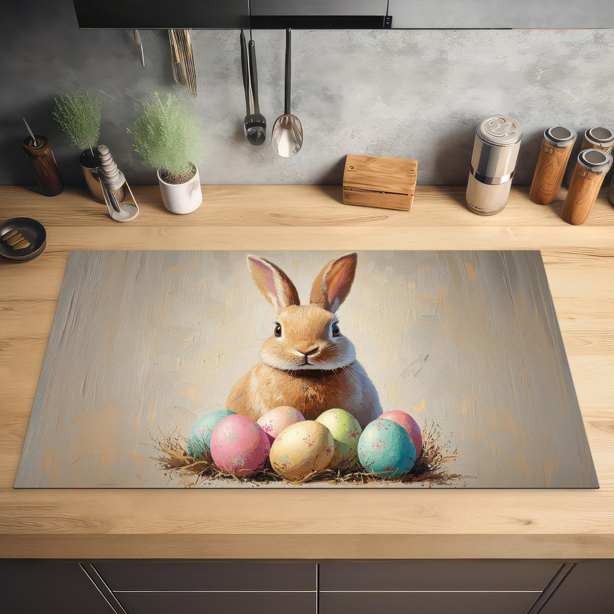 HERDABDECKPLATTE Osterhase - Pastell - Eier Ceranfeldabdeckung 90x52 cm - Beige, Kunststoff (90/52/0.2cm) - MuchoWow