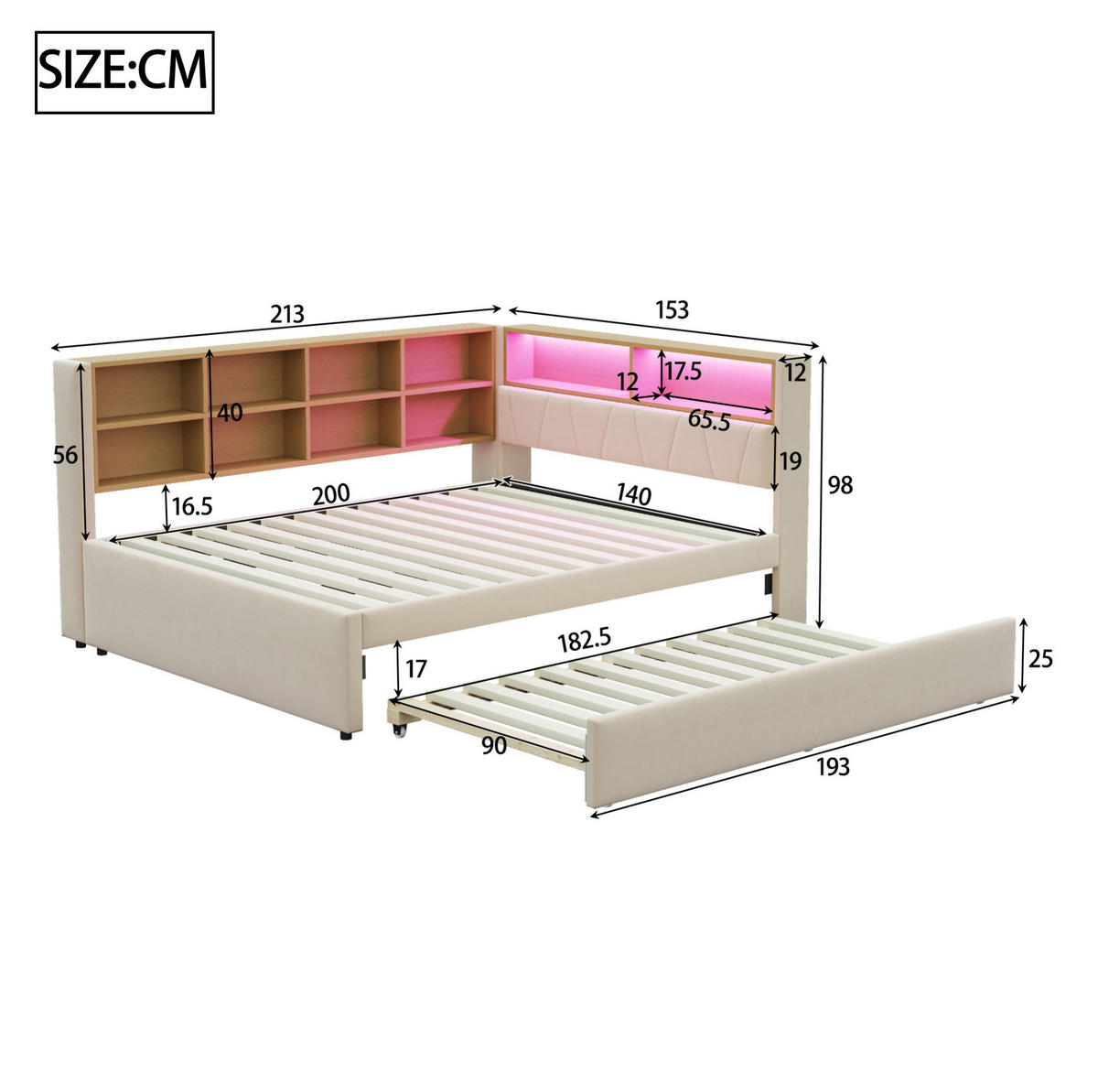 BETT mit Ausziehbett 140/200 cm & 90/190 cm mit LED-Beleuchtung und USB-Anschlüssen Flanell Beige - Beige, Textil (140/200cm) - OKWISH
