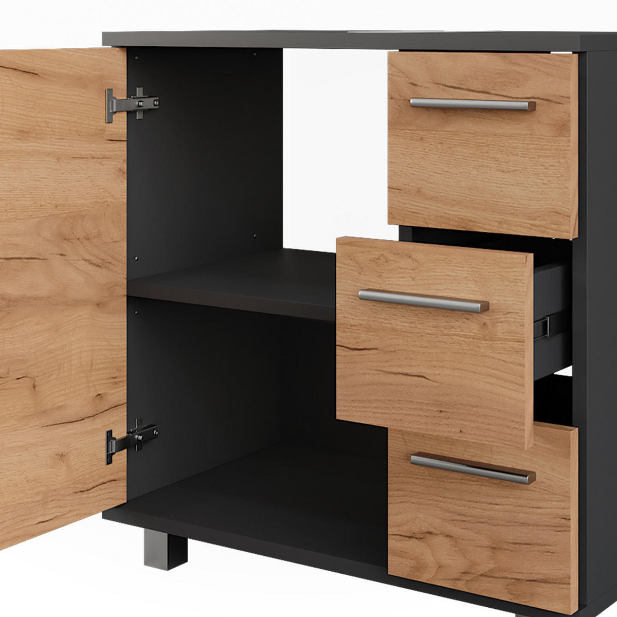 WASCHBECKENUNTERSCHRANK Ilias Anthrazit/Goldkraft Eiche 60.2 x 60.8 cm mit Tür und 3 Schubladen - Honigeiche/Anthrazit, Holzwerkstoff (60/60.8/33cm) - Vicco