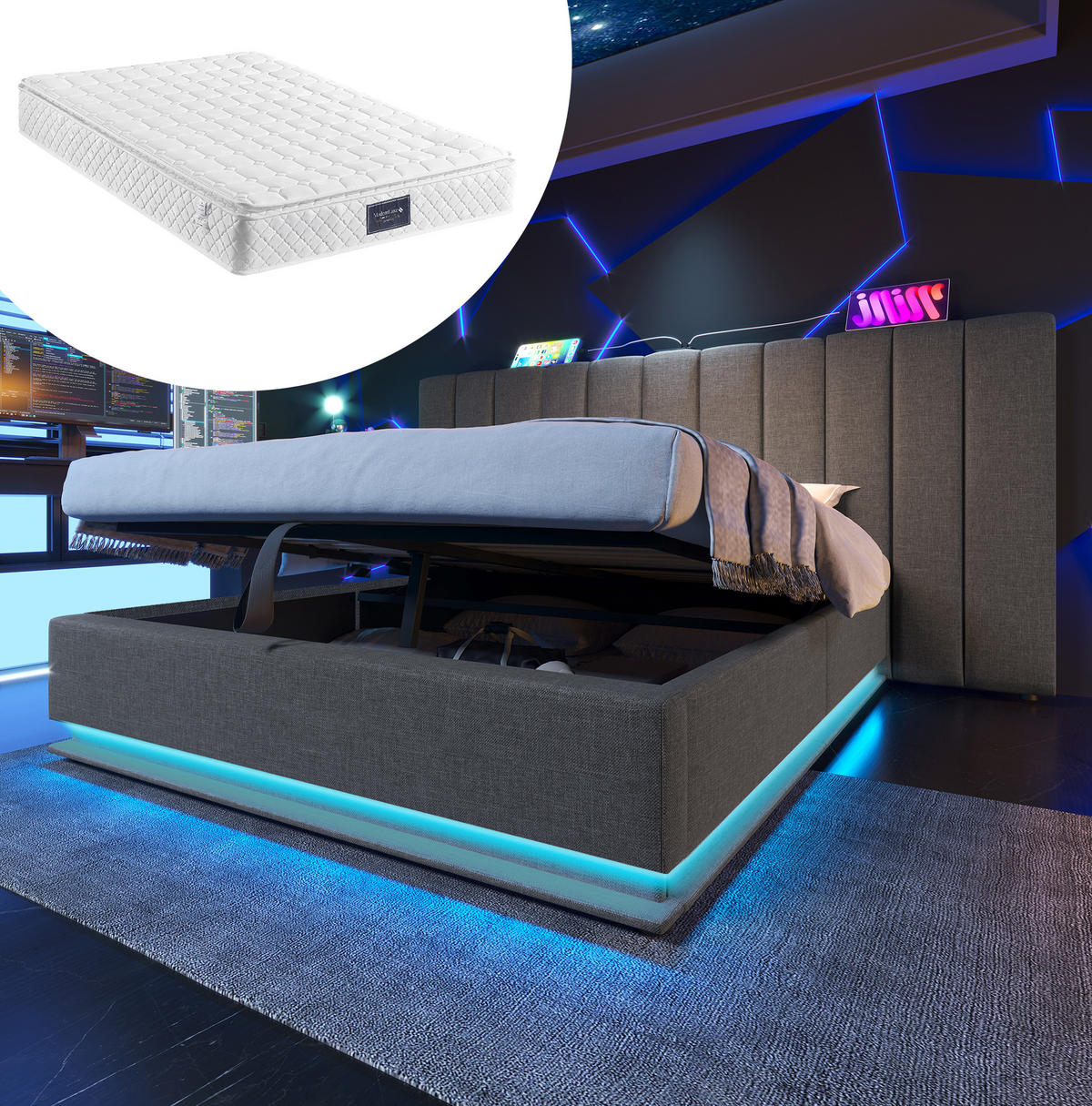 POLSTERBETT aus Leinen 160x200 cm Grau mit Bettkasten, LED-Beleuchtung und USB-C-Anschluss - Grau, Textil (160/200cm) - IVMEU