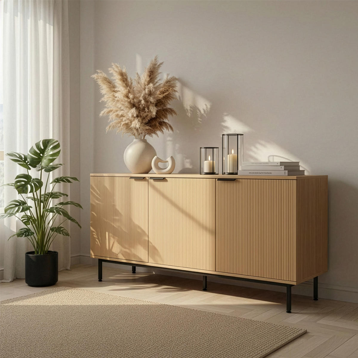 SIDEBOARD NYLA - Natur/Schwarz, 154 x 73 cm - Naturfarben, Holzwerkstoff (154/73/42cm) - Home Deluxe