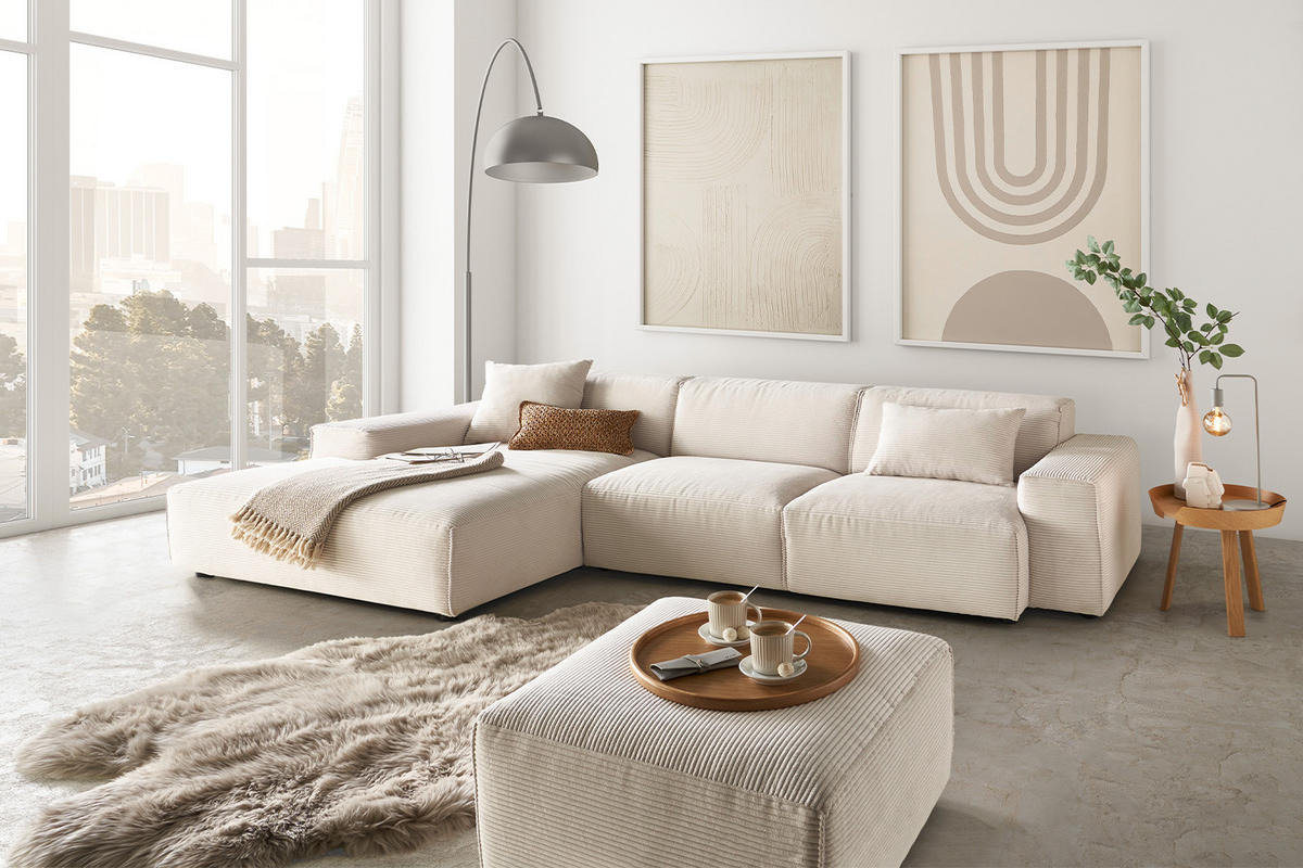 ECKSOFA RANI Cremeweiß Cord - Creme/Schwarz, Kunststoff/Textil (299/189cm) - KAWOLA