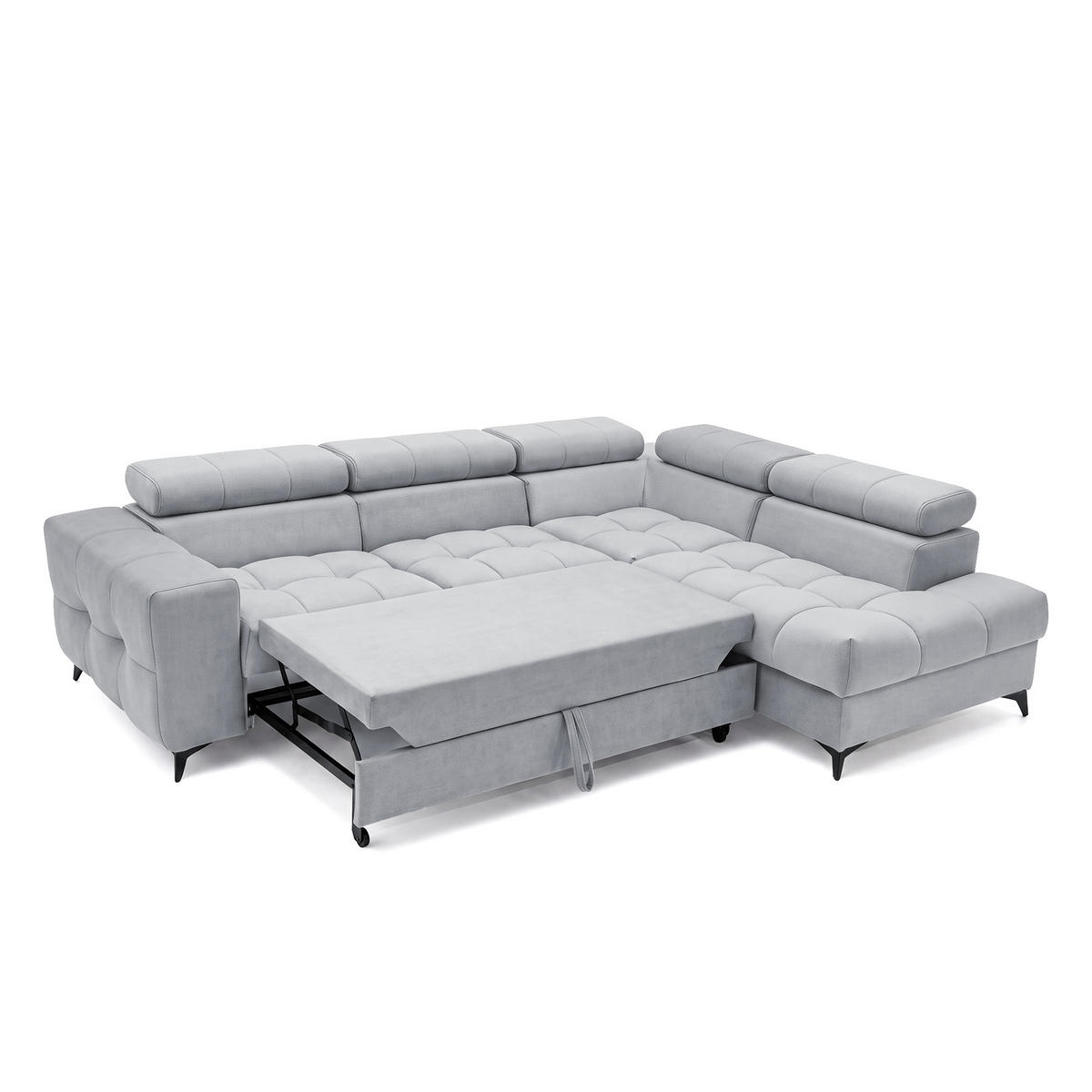 ECKSOFA PUDDING L Rechts mit Schlaffunktion 125x195 Velours Hellgrau - Hellgrau/Schwarz, Holz/Textil (275/203cm) - Muffo
