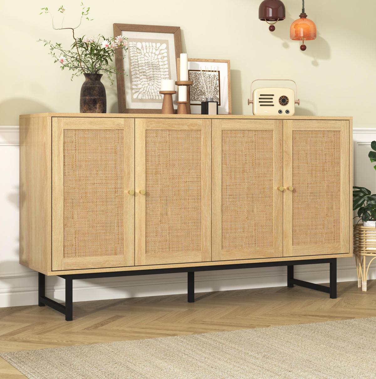SIDEBOARD mit 4 Türen 140 x 39,5 x 80 cm Holzoptik mit Rattangeflecht - Braun, Holzwerkstoff (140/80/39.5cm) - Meubliv
