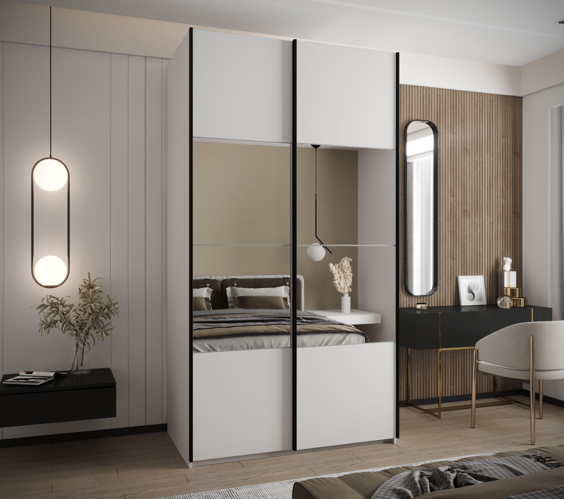 SCHWEBETÜRENSCHRANK 245,5/140/64 2-türig - Schwarz/Weiß, Holz/Metall (140/245/64cm) - Abiks Möbel