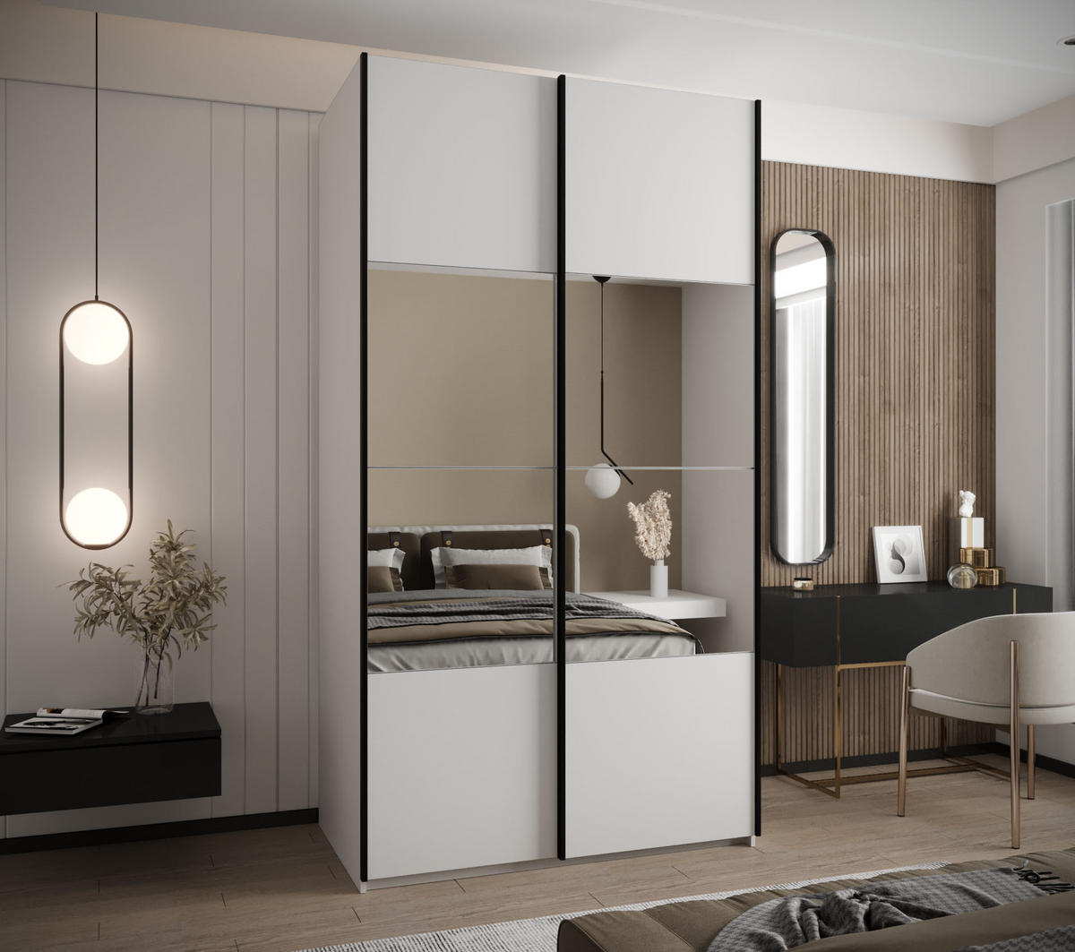 SCHWEBETÜRENSCHRANK 245,5/140/64 2-türig - Schwarz/Weiß, Holz/Metall (140/245/64cm) - Abiks Möbel