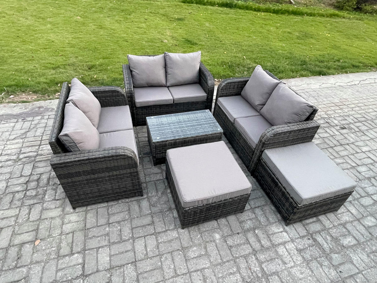 GARTENMÖBELGARNITUR mit KISSEN Polyrattan Dunkelgrau 8-Sitzer - Dunkelgrau/Grau, Glas/Kunststoff - Fimous