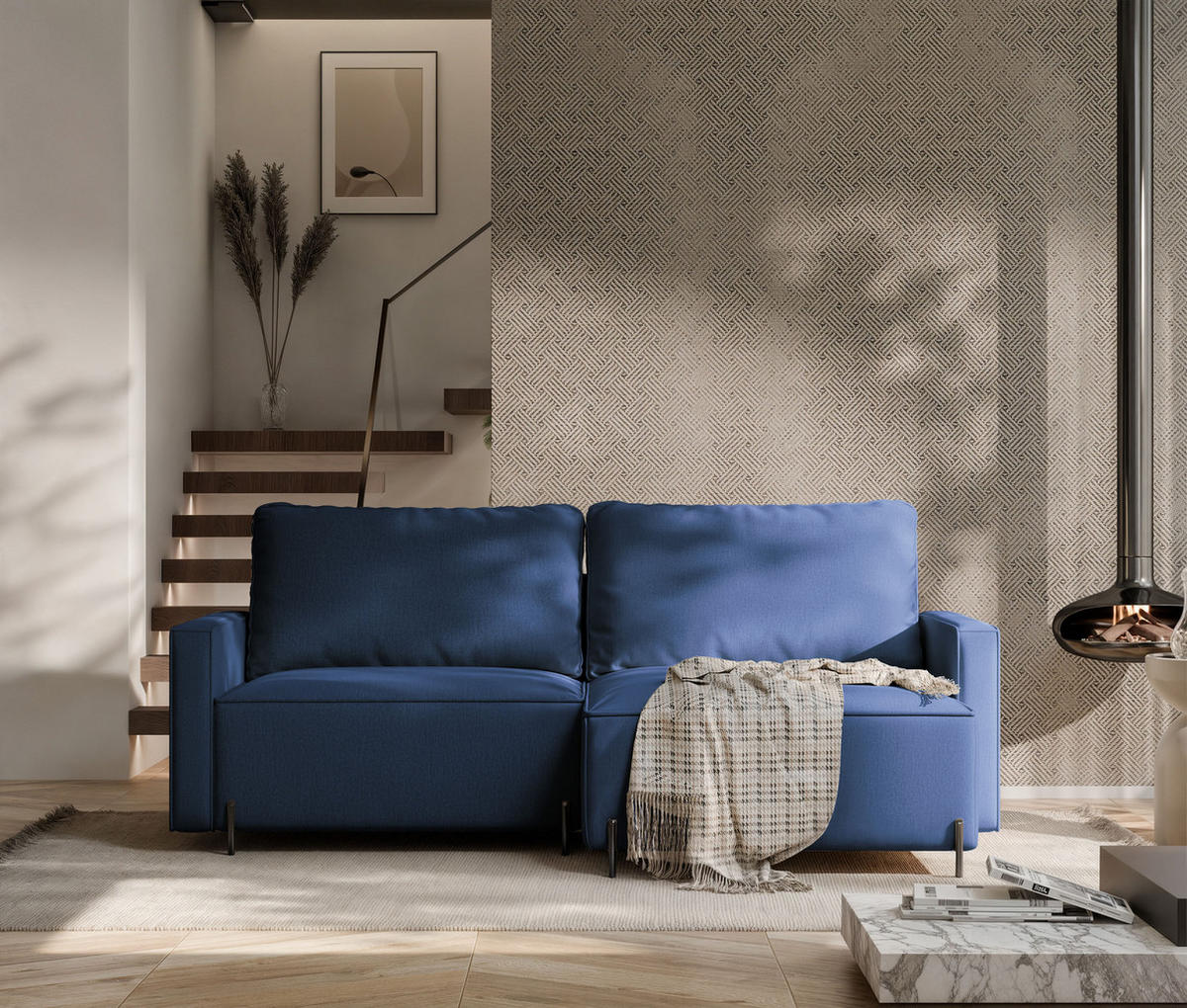 ECKSOFA LEO Rechts, mit Schlaffunktion und Bettkasten, Marineblau - Dunkelblau, Textil/Metall (229/148cm) - Idohome
