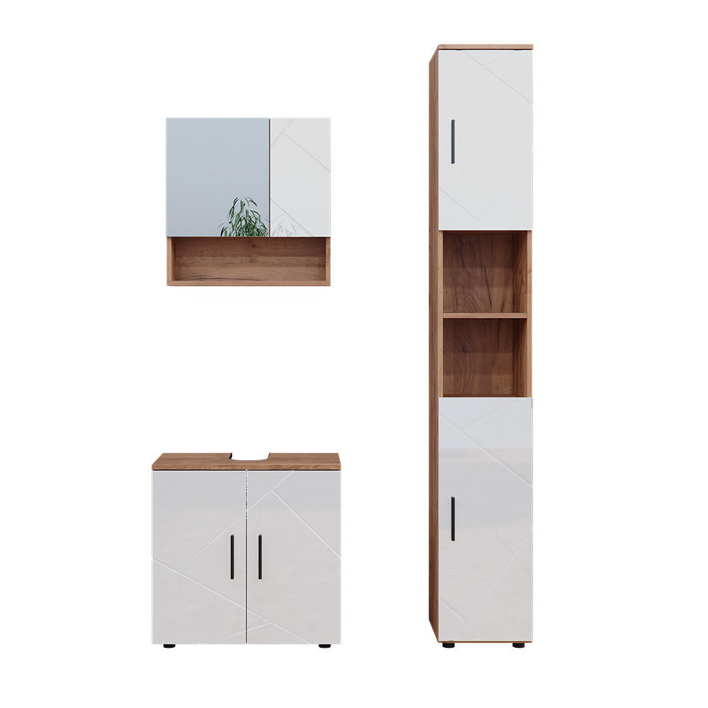 BADMÖBEL-SET Irma Weiß Hochglanz/Goldkraft Eiche 3 Teile mit Hochschrank - Weiß Hochglanz/Eiche Wotan, Holzwerkstoff (80/58.6/41cm) - Vicco