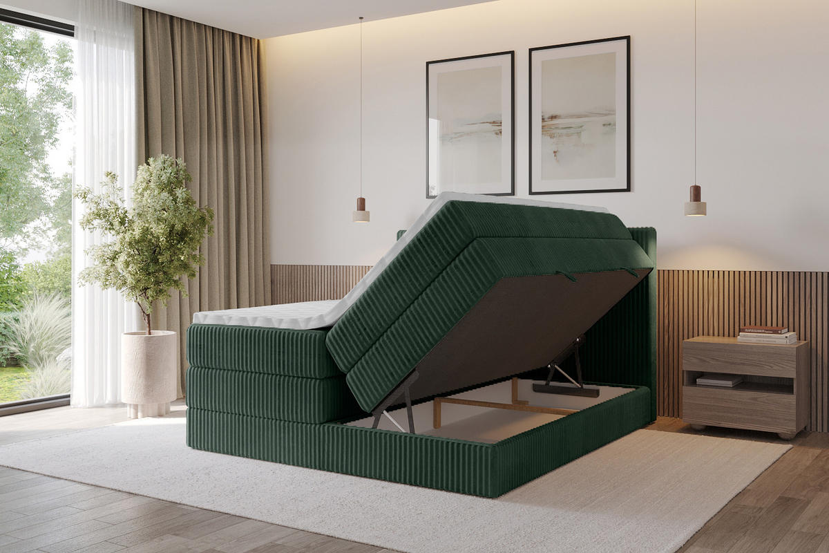 BOXSPRINGBETT mit Matratze H3|H4 und Lattenrost - TOLO KING 140x200 Cord - Dunkelgrün - Dunkelgrün, Holzwerkstoff (140/200cm) - ALTDECOR