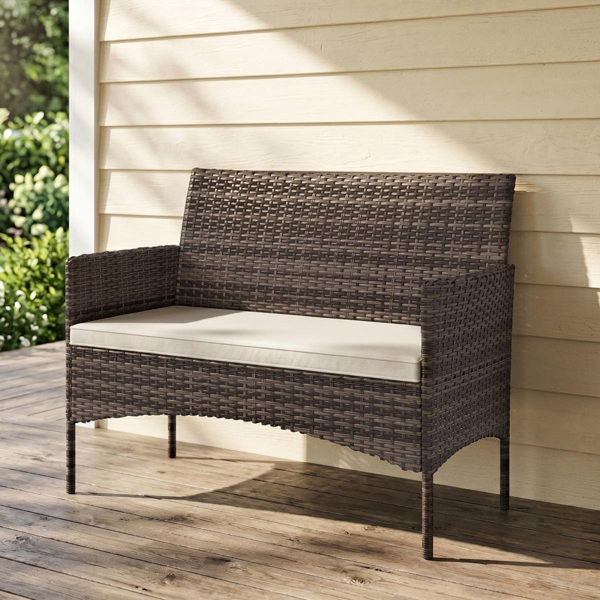 GARTENSOFA DE-06605 2-Sitzer, wetterfest mit Polster & Anti-Rutsch Khaki - Taupe, Kunststoff/Metall (63/85/115cm) - ComfortXL