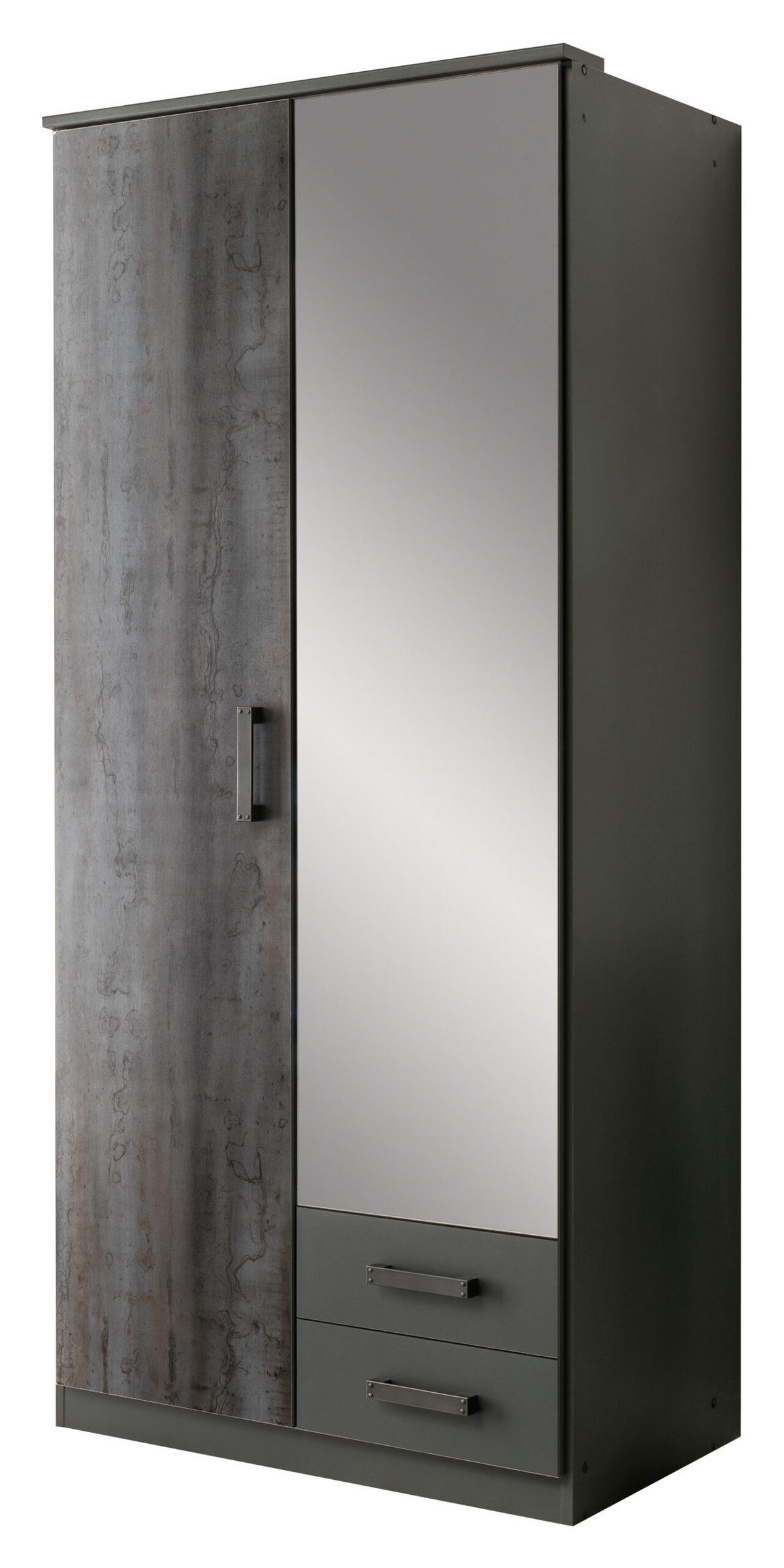 DREHTÜRENSCHRANK Duisburg in Grafit mit Digi-Steel-Optik 90x199x58 cm (BxHxT) – Kleiderschrank mit Spiegel 2 türig - Grau, Holzwerkstoff (80/200/120cm)