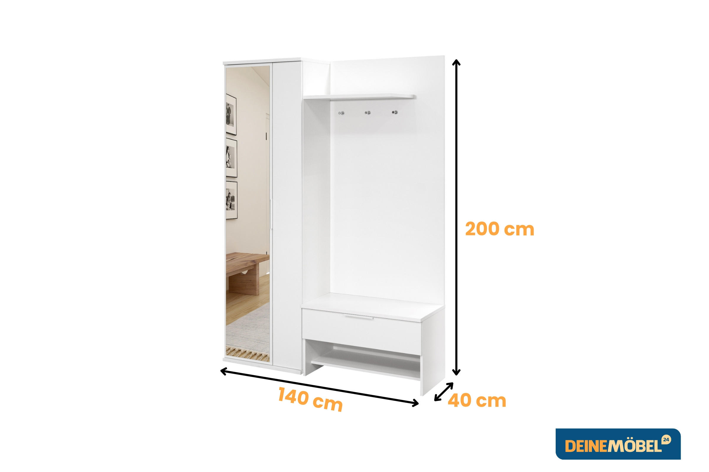 GARDEROBE MILANO 140/200 in Weiß matt - Weiß, Holzwerkstoff (140/200/40cm) - Deine Möbel 24
