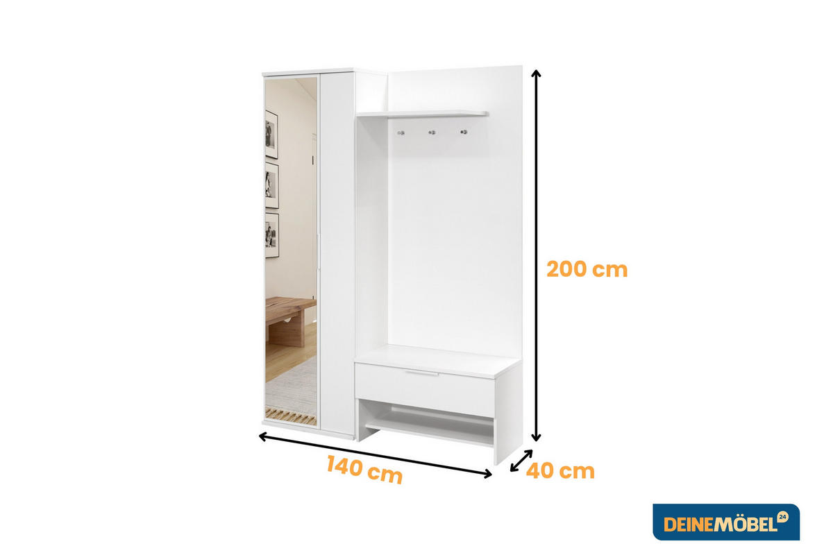 GARDEROBE MILANO 140/200 in Weiß matt - Weiß, Holzwerkstoff (140/200/40cm) - Deine Möbel 24