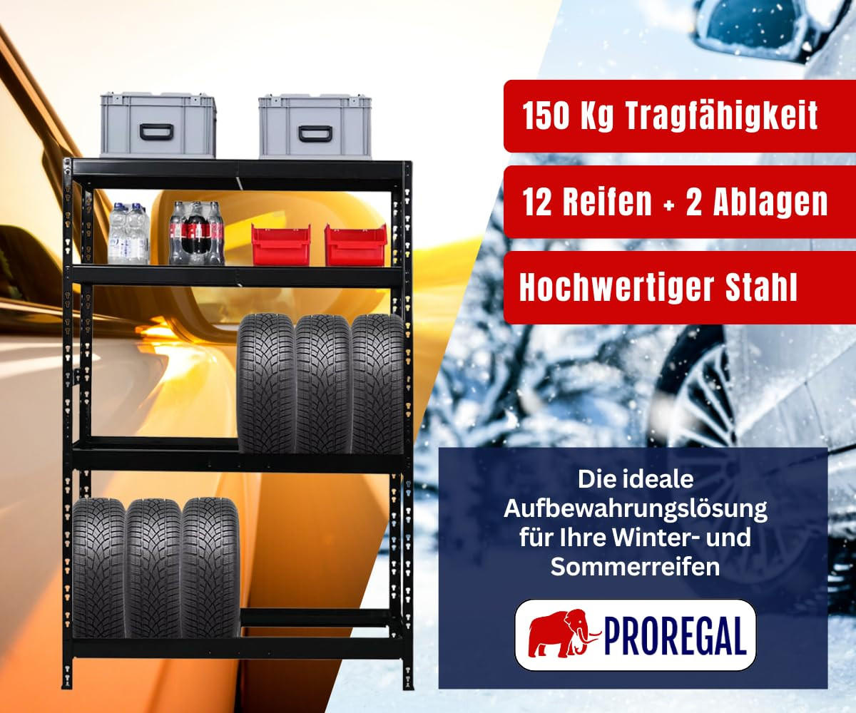 REIFENREGAL Tiger 180x120x40 cm bis zu 12 Reifen auf 2 Ebenen + 2 Ablagen Schwarz - Schwarz, Metall (120/180/40cm) - PROREGAL
