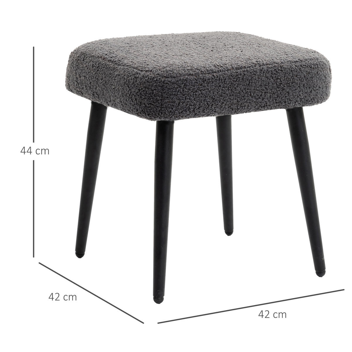 FUSSHOCKER Sitzhocker Quadratischer Schminkhocker mit Kaschmir-Optik, Stahlbeine - Dunkelgrau, Kunststoff (42/44/42cm) - HOMCOM