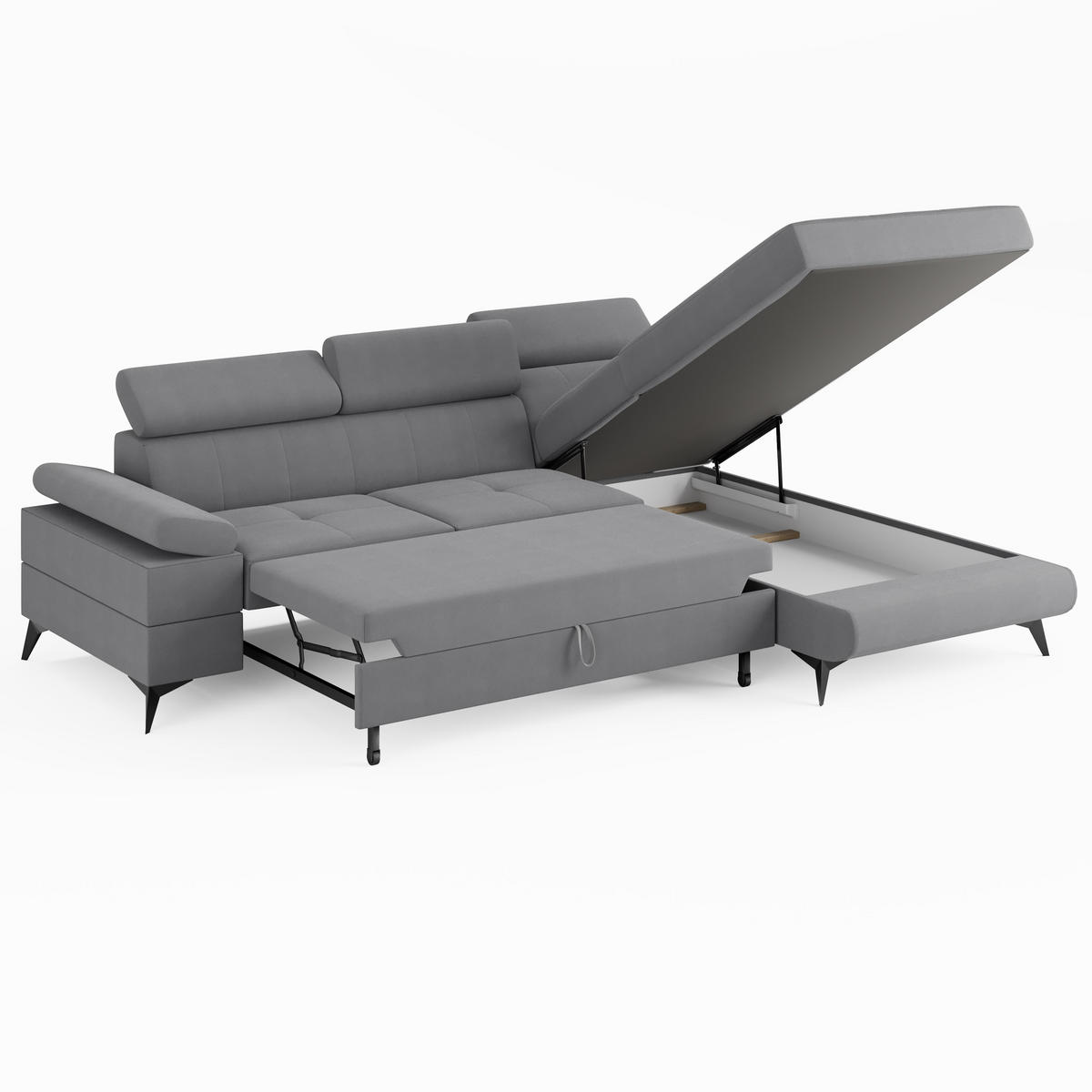 ECKSOFA VENTO Rechts Ecru Velours Easy Clean L-Form Couch mit Schlaffunktion & Bettkasten - Ecru/Schwarz, Holz (261/190cm) - Barchello
