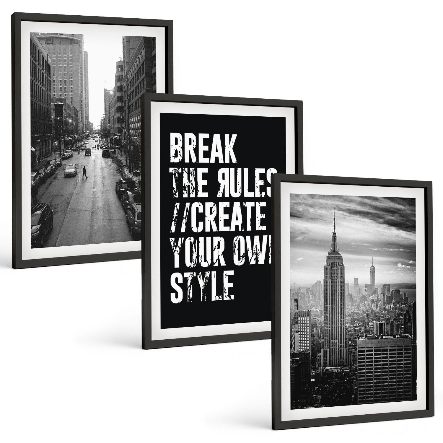 BILDER SET 3er Set - 40x60 cm Schwarzer Rahmen - Inspiration für Schwarz-Weiß-Darstellungen von Stadtstraßen - Schwarz, Kunststoff (40/60cm) - TULUP