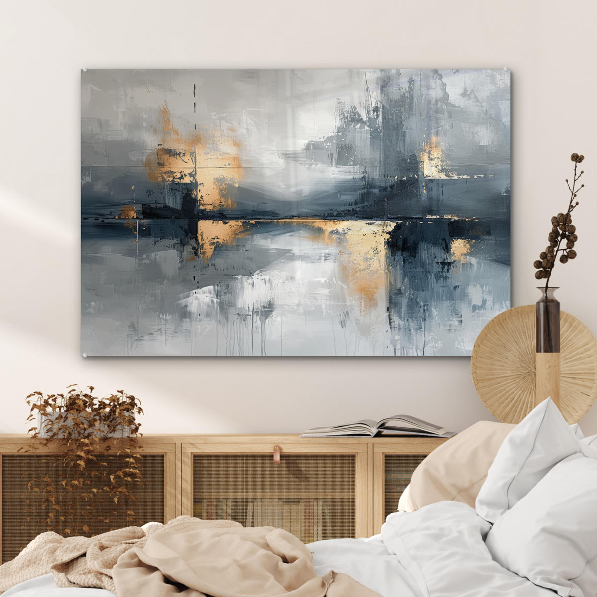 ACRYLGLASBILD Kunst - Grau - Gold - Abstrakt 90x60 cm - Dunkelgrau, Glas (90/60cm) - MuchoWow