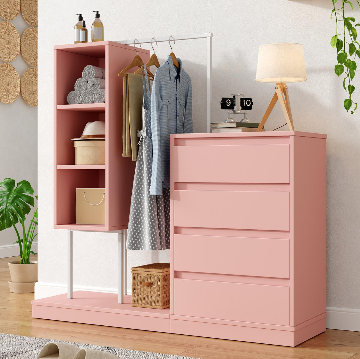 KLEIDERSCHRANK 100/135/40 cm Pink aus Spanplatte mit 4 Schubladen - Pink, Holzwerkstoff (40/135/140cm) - OKMYHOME