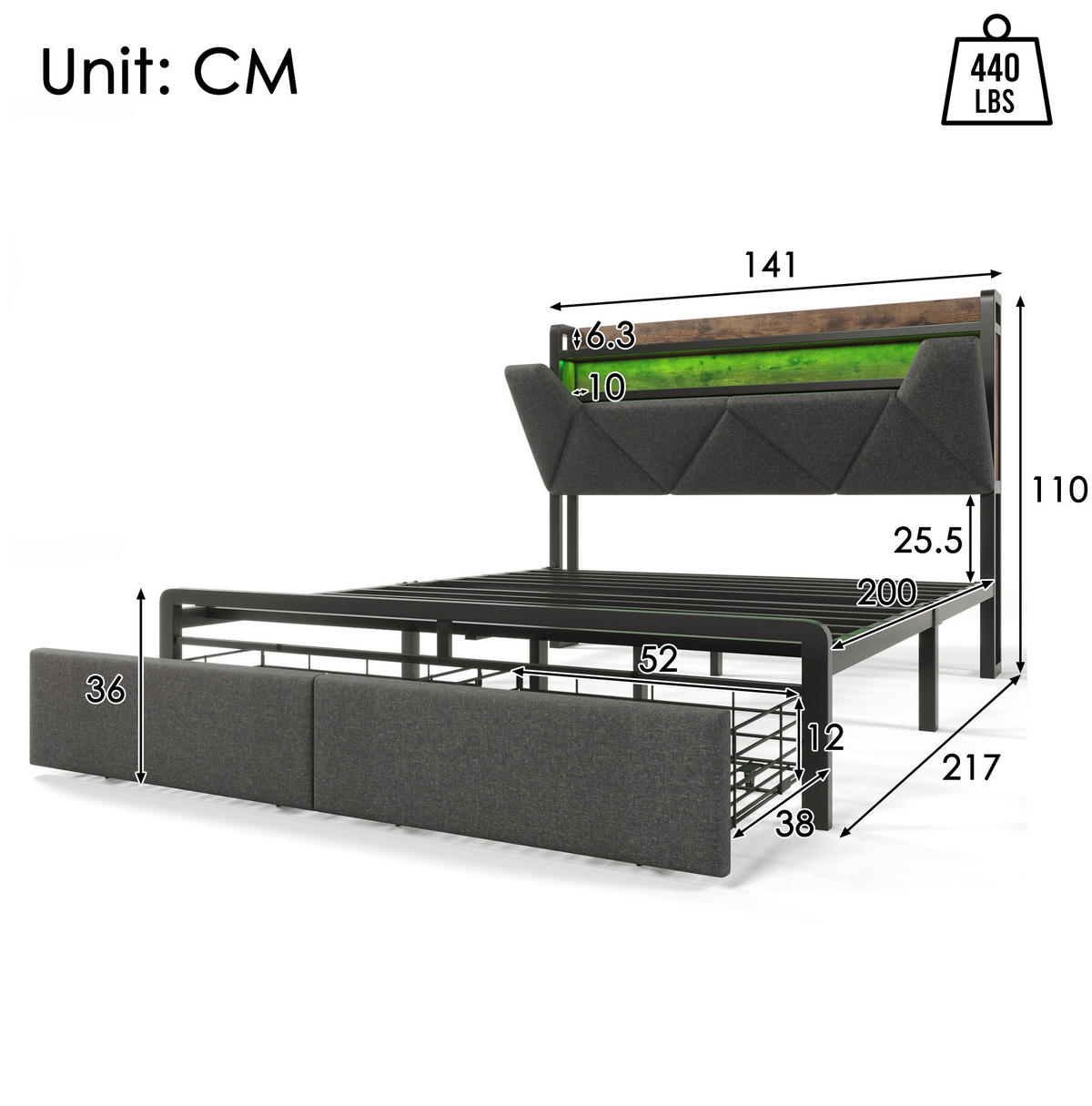 MULTIFUNKTIONSBETT 140/200 cm grau mit Stauraum-Kopfteil und LED-Beleuchtung - Grau, Textil (160/200cm) - OKWISH