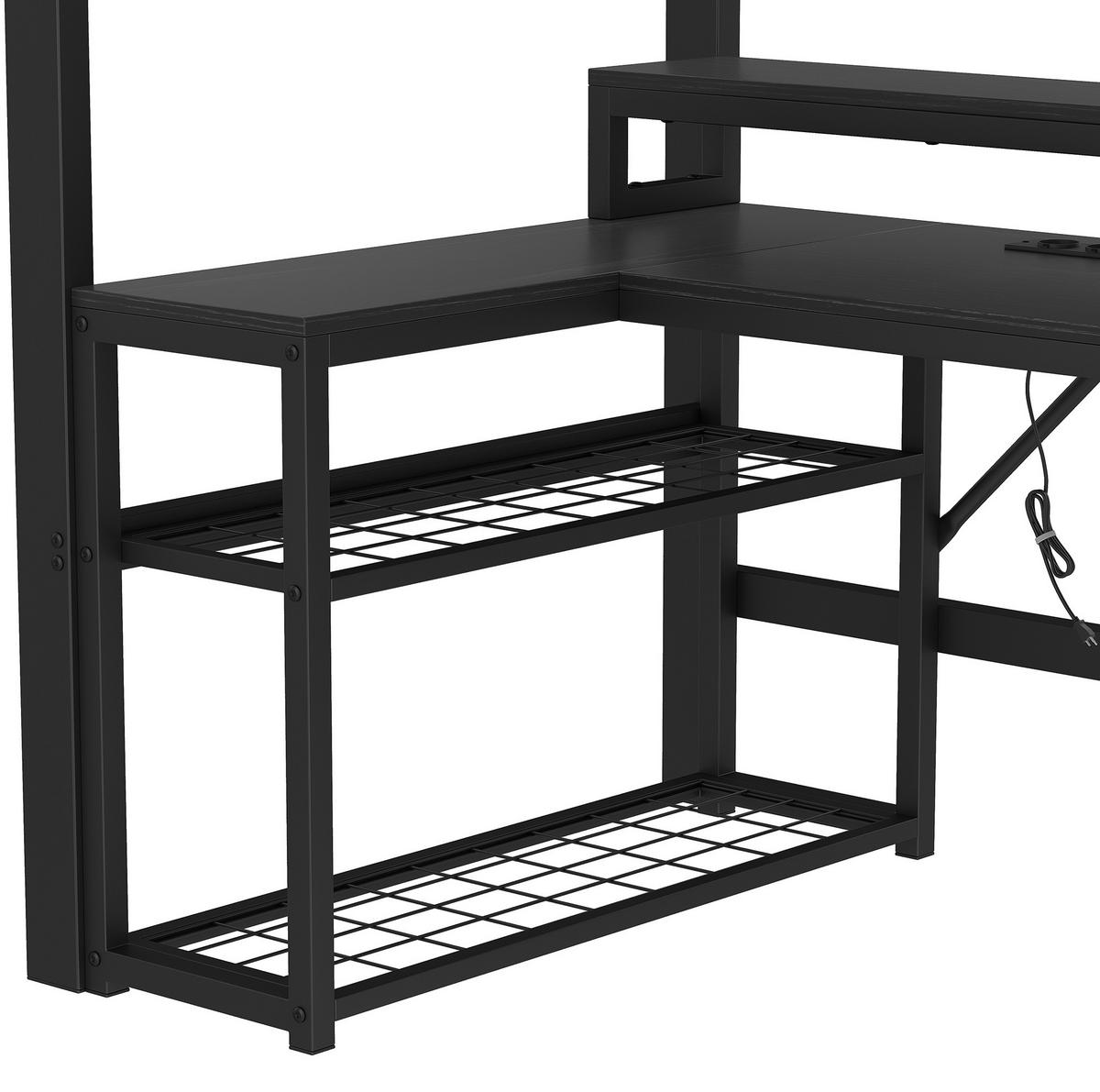 HOCHBETT 90/200 cm schwarz aus Metall und MDF mit LED USB und Schreibtisch - Schwarz, Metall (90/200cm) - OKWISH
