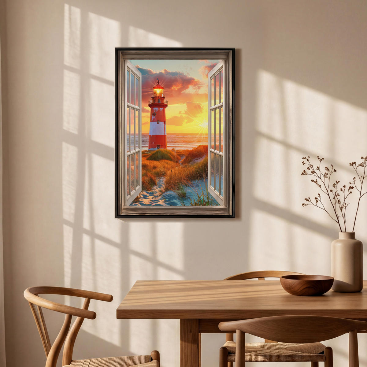 LEINWAND Bilder mit Rahmen - Aussicht - Fenster - Leuchtturm - Sonnenuntergang - Strand - 60x90 - Dunkelorange, Textil (60/90cm) - MuchoWow