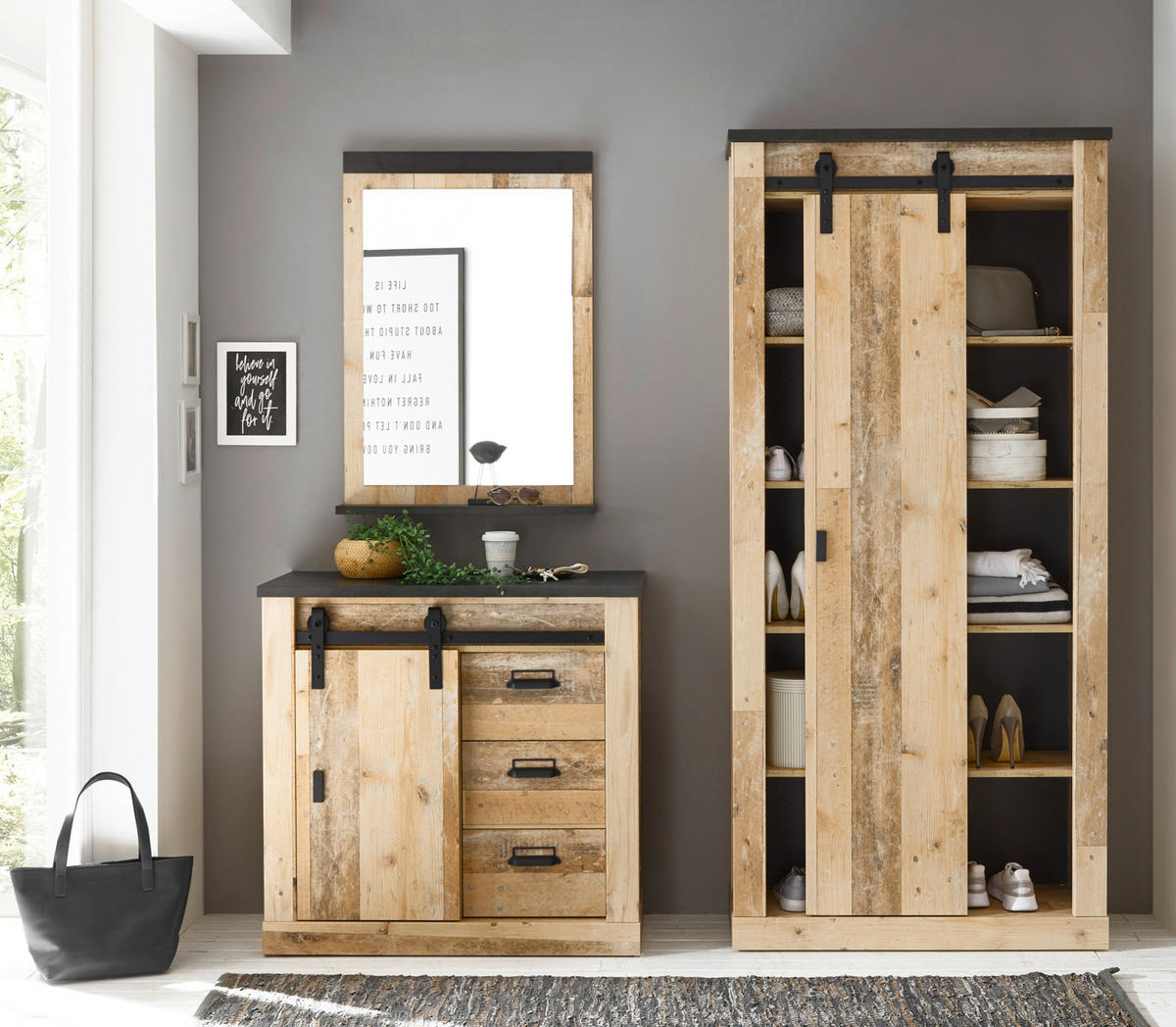 STAURAUMSCHRANK Used Wood hell, anthrazit, Mehrzweckschrank mit Schiebetür - Anthrazit/Schwarz, Holzwerkstoff/Metall (93/201/38cm) - Furn.Design
