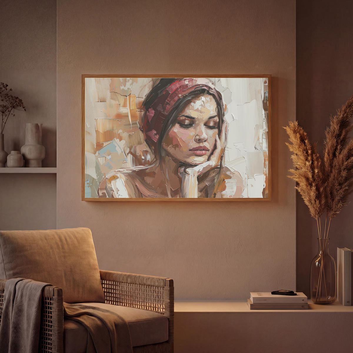 NÁSTĚNNÁ LAMPA S AKUMULÁTOREM Žena - vzhled malby - portrét - moderní 100x70 cm - hnědá, kompozitní dřevo (100/70/8cm) - OnlyWow