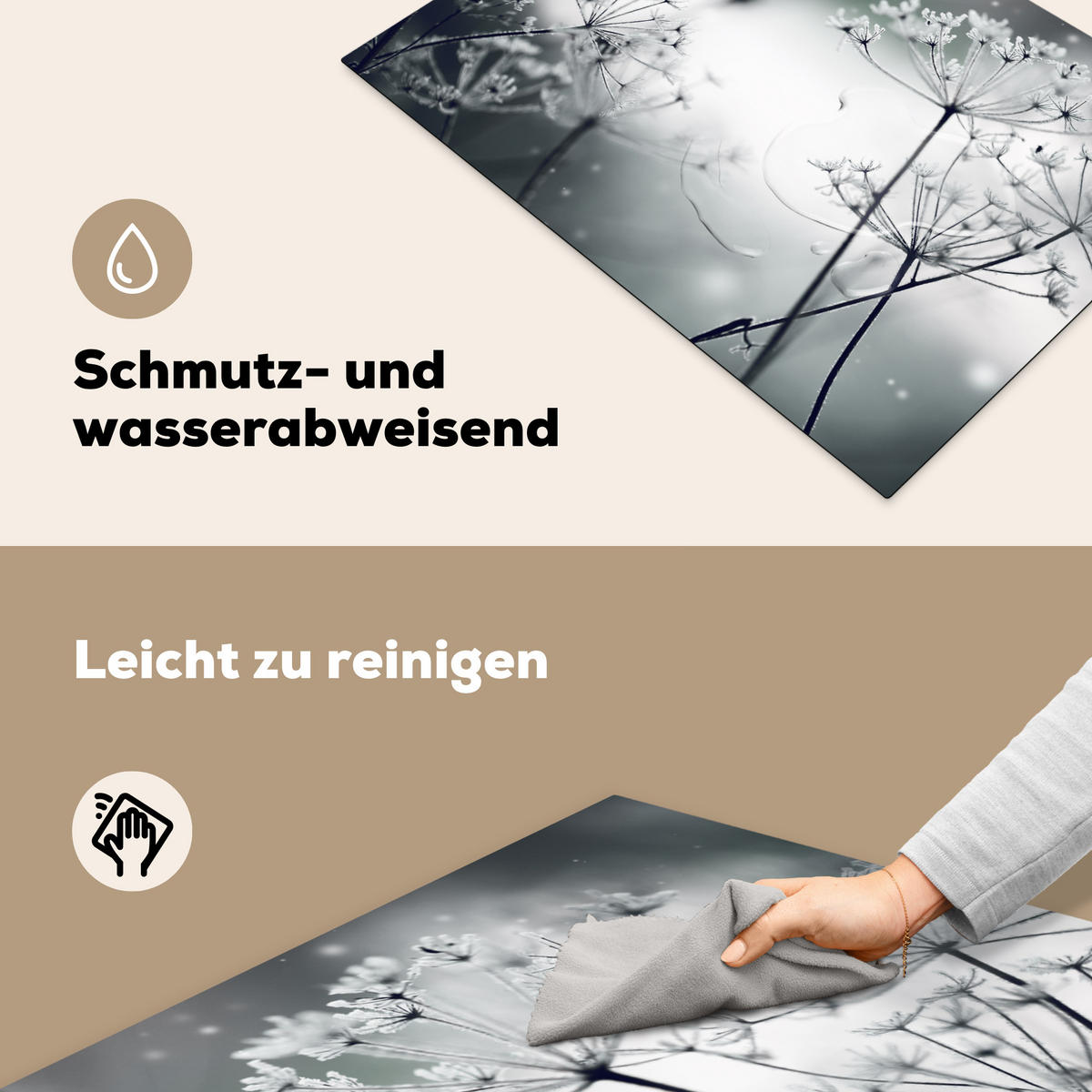 HERDABDECKPLATTE Blumen - Winter - Schnee - Natur Herdabdeckung Induktionsfeld 75x52 cm - Grau, Kunststoff (75/52/0.2cm) - MuchoWow