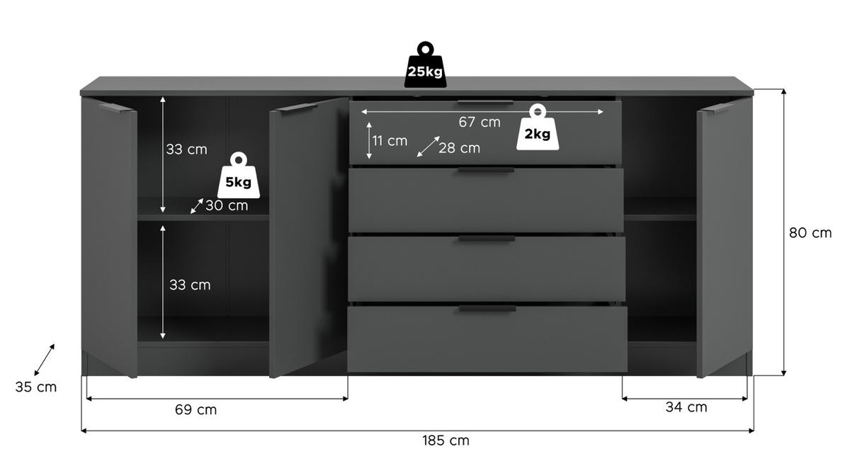SIDEBOARD grau 185 x 80 cm, Kommode mit viel Stauraum - Schwarz/Grau, Holzwerkstoff/Kunststoff (185/80/35cm) - Inn.Furn