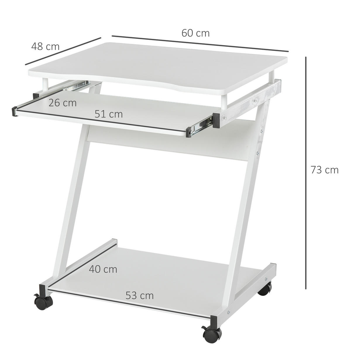 COMPUTERTISCH Weiß rollbar mit Tastaturauszug und Ablage 60/48/73 cm - Weiß, Holzwerkstoff (48/60/73cm) - PANGIVO