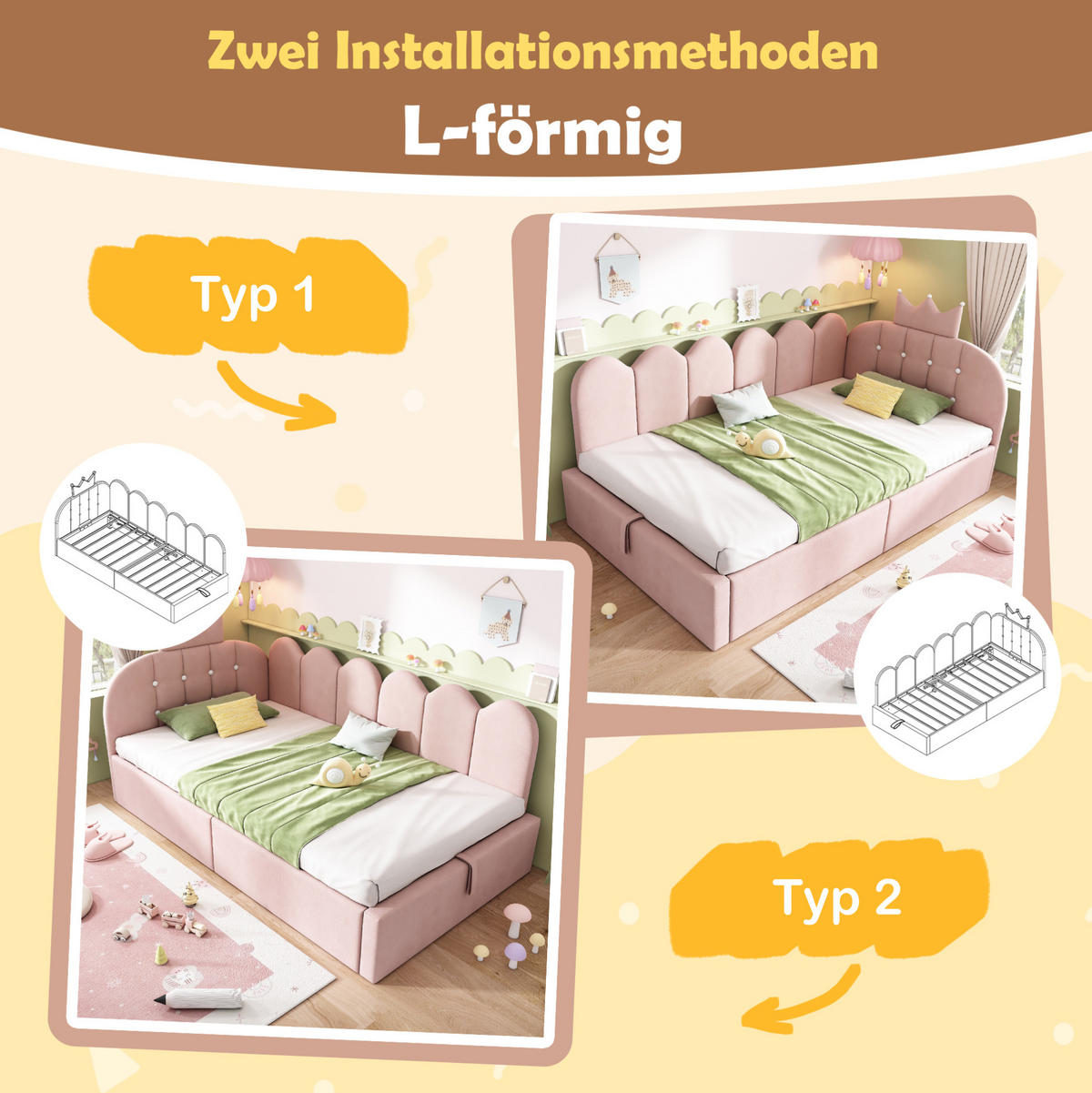 POLSTERBETT 90/200 cm Rosa aus Samt mit Stauraum - Rosa, Holz (90/200cm) - OKMYHOME