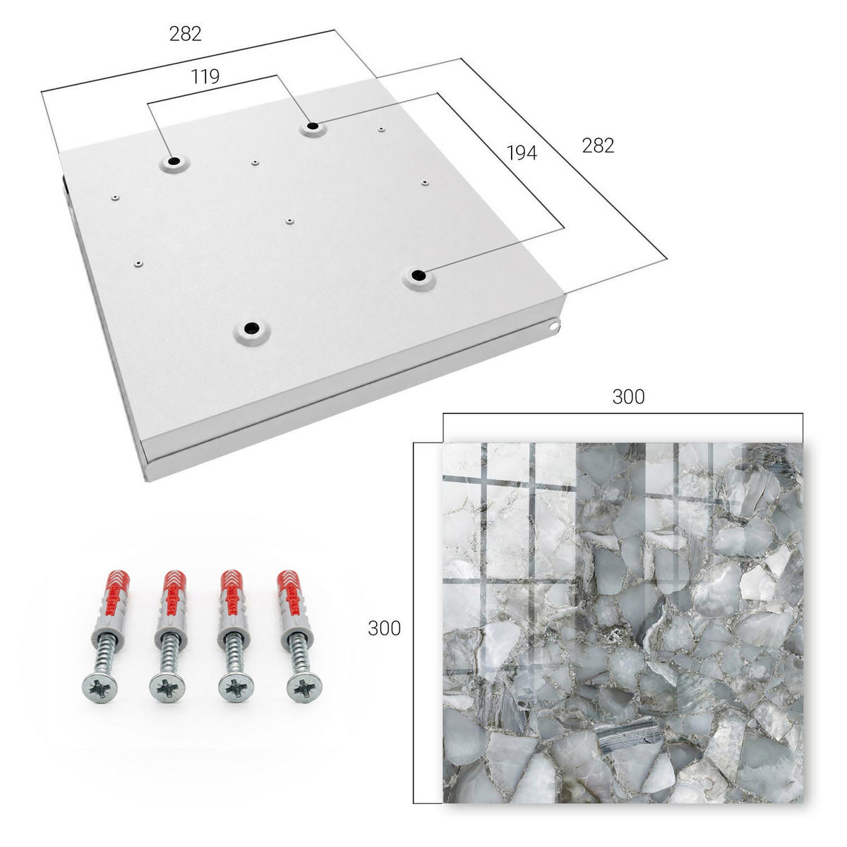 SCHLÜSSELBOX Weiß 30x30 cm – Türöffnung nach rechts - Steinmosaik - Grau, Metall (30/30/5cm) - TULUP