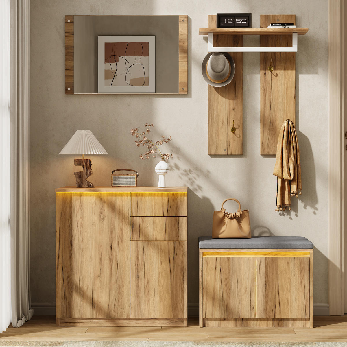 GARDEROBE 130x35x124.5cm mit Spiegel, LED und Schuhbank - Naturfarben, Holzwerkstoff (130/124.5/35cm) - FLIEKS