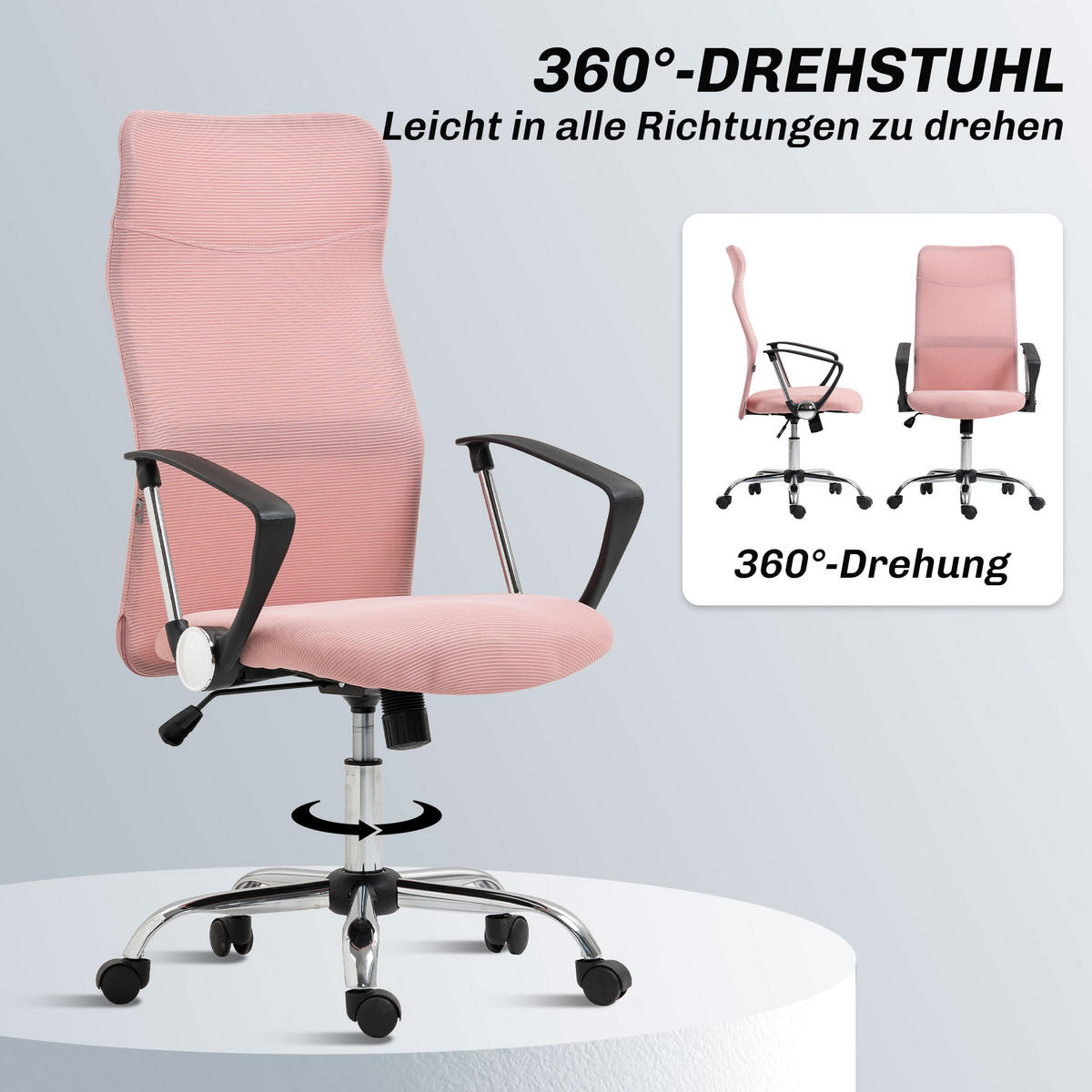BÜROSTUHL Netz Stahl Rosa - Chromfarben/Schwarz, Kunststoff/Textil (65/119/63cm) - HOMCOM