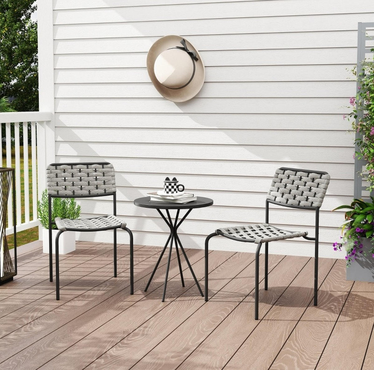 BALKONSET Gartenmöbel-Set 46/60/80 cm aus Stahl mit 2 stapelbaren Stühlen und Rundtisch Grau - Grau, Metall