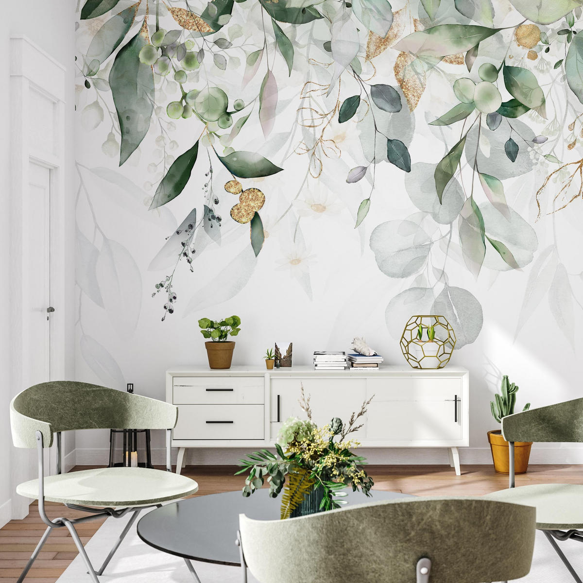 FOTOTAPETE Aquarell Blätter Pflanzen Natur für Schlafzimmer 450x300cm - Beige/Weiß, Papier (450/300cm) - Muralo