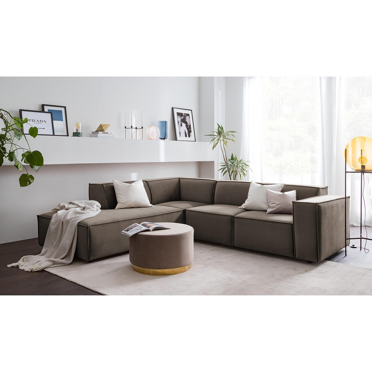 ECKSOFA mit Ottomane - Taupe/Schwarz, Kunststoff/Textil (260/234cm) - home24