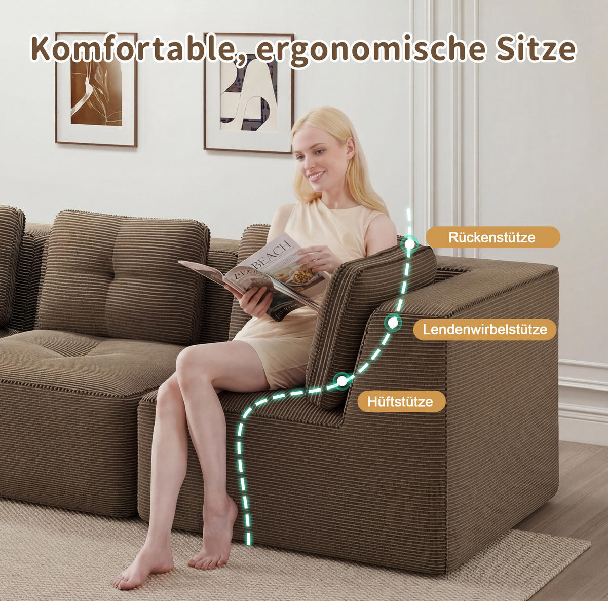 ECKSOFA 208/104/69 cm braun aus Cord mit modularem Design und weichem Komfort - Braun, Textil (104/208cm) - OKWISH
