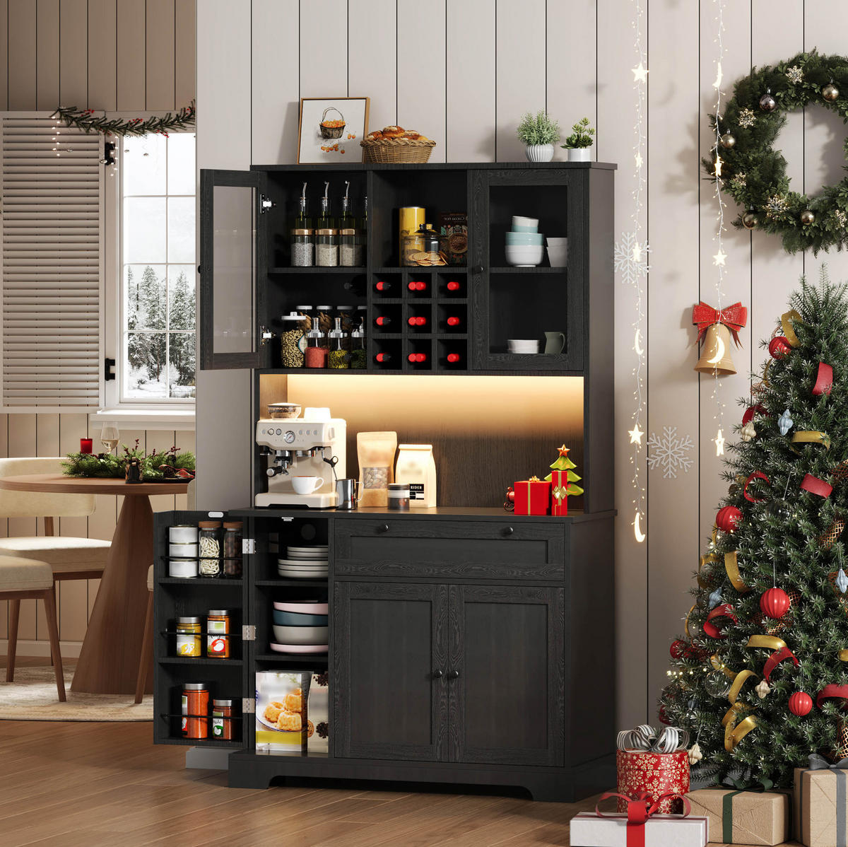 BUFFET mit Glastüren 105/40/180 cm in Schwarz – mit Schublade & großer Arbeitsfläche - Schwarz, Holzwerkstoff (105/180/40cm) - BEAOK