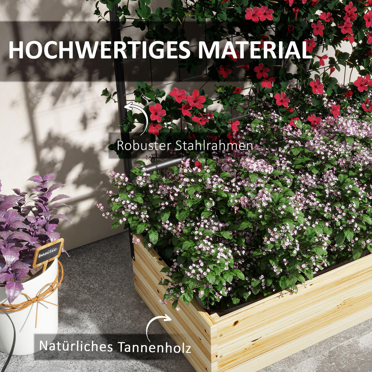 HOCHBEET mit Rankhilfe, Pflanzkasten aus Holz, für Garten, Balkon, Naturholz - Fichtefarben, Metall (38/145/80cm) - Outsunny