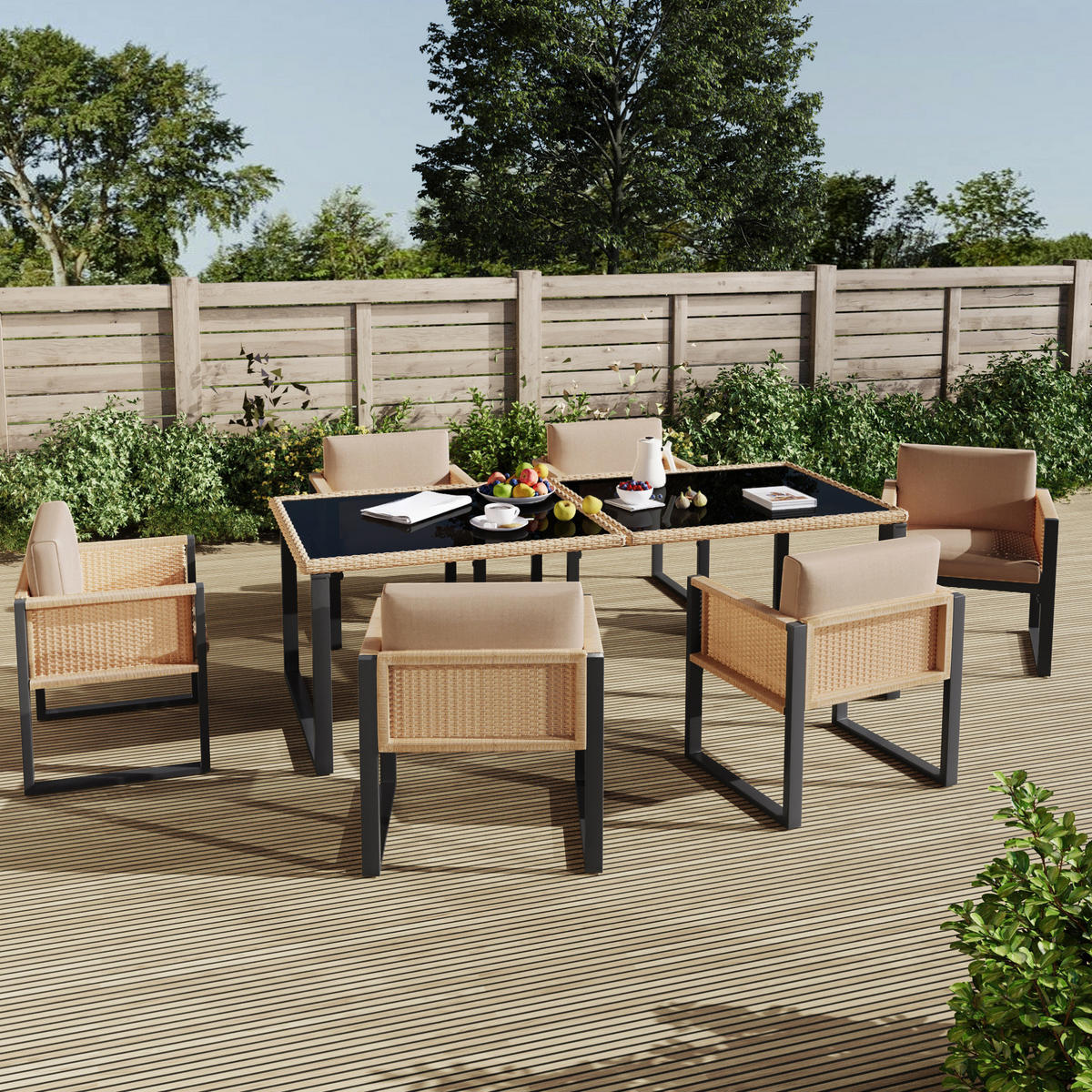 GARTEN-ESSGRUPPE 170/80/75 cm aus Polyrattan mit 6 Stühlen, Glasplatte und abnehmbaren Bezügen, Braun/Schwarz - Schwarz, Kunststoff - Redom