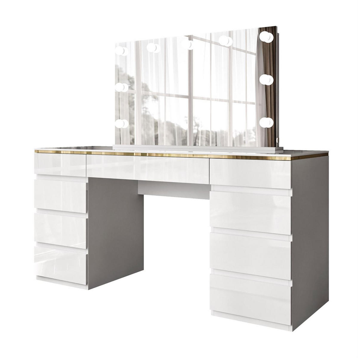 SCHMINKTISCH AURORA DOUBLE GOLD, weiß glänzend - Goldfarben/Weiß, Holzwerkstoff (156.8/79.2/55cm) - Lookway