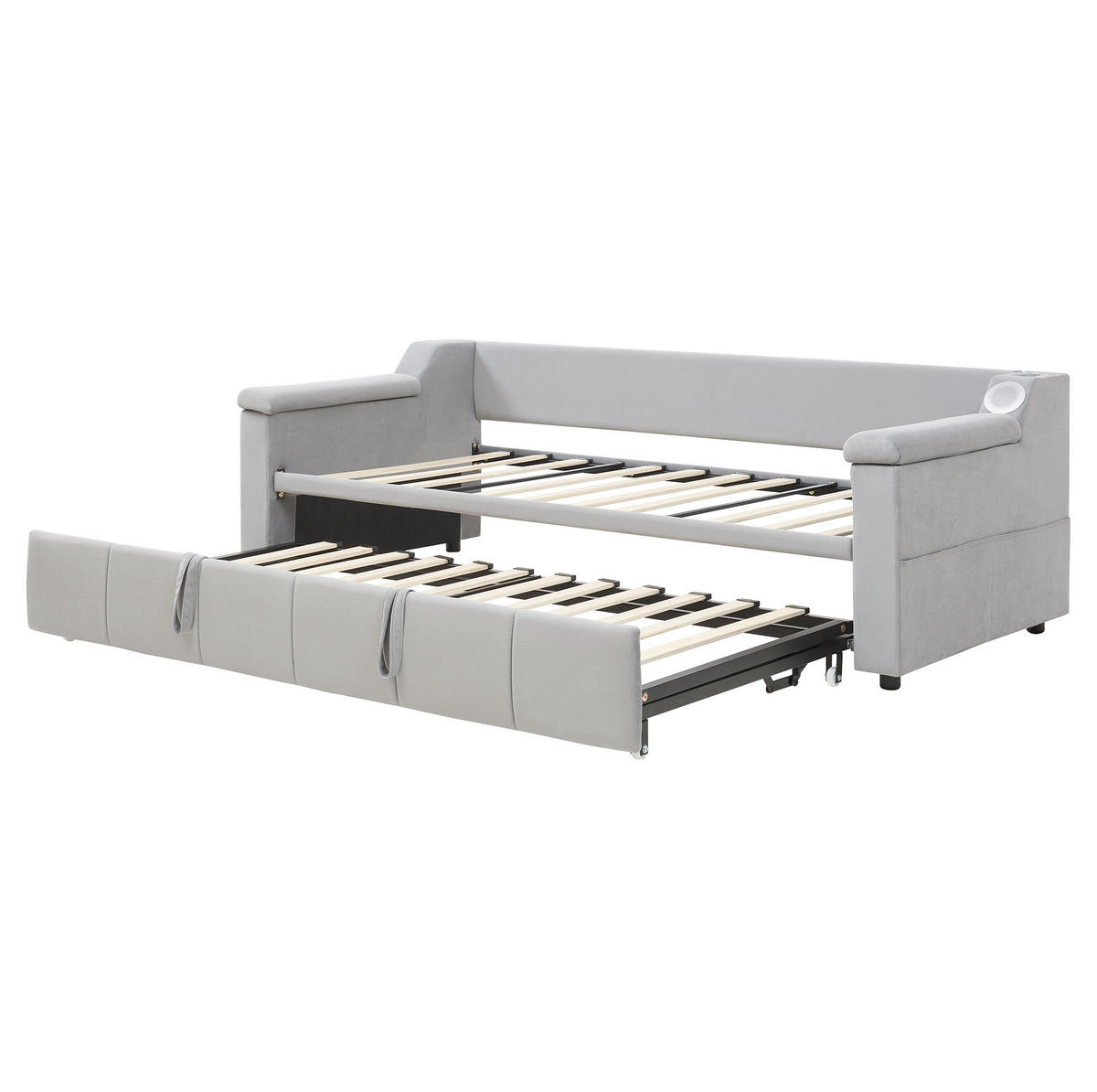 POLSTERBETT 90/190 cm mit hydraulischem Auszug, Bluetooth-Stereo, USB und Ablagefächern, Grau - Grau, Textil (90/190cm) - Redom