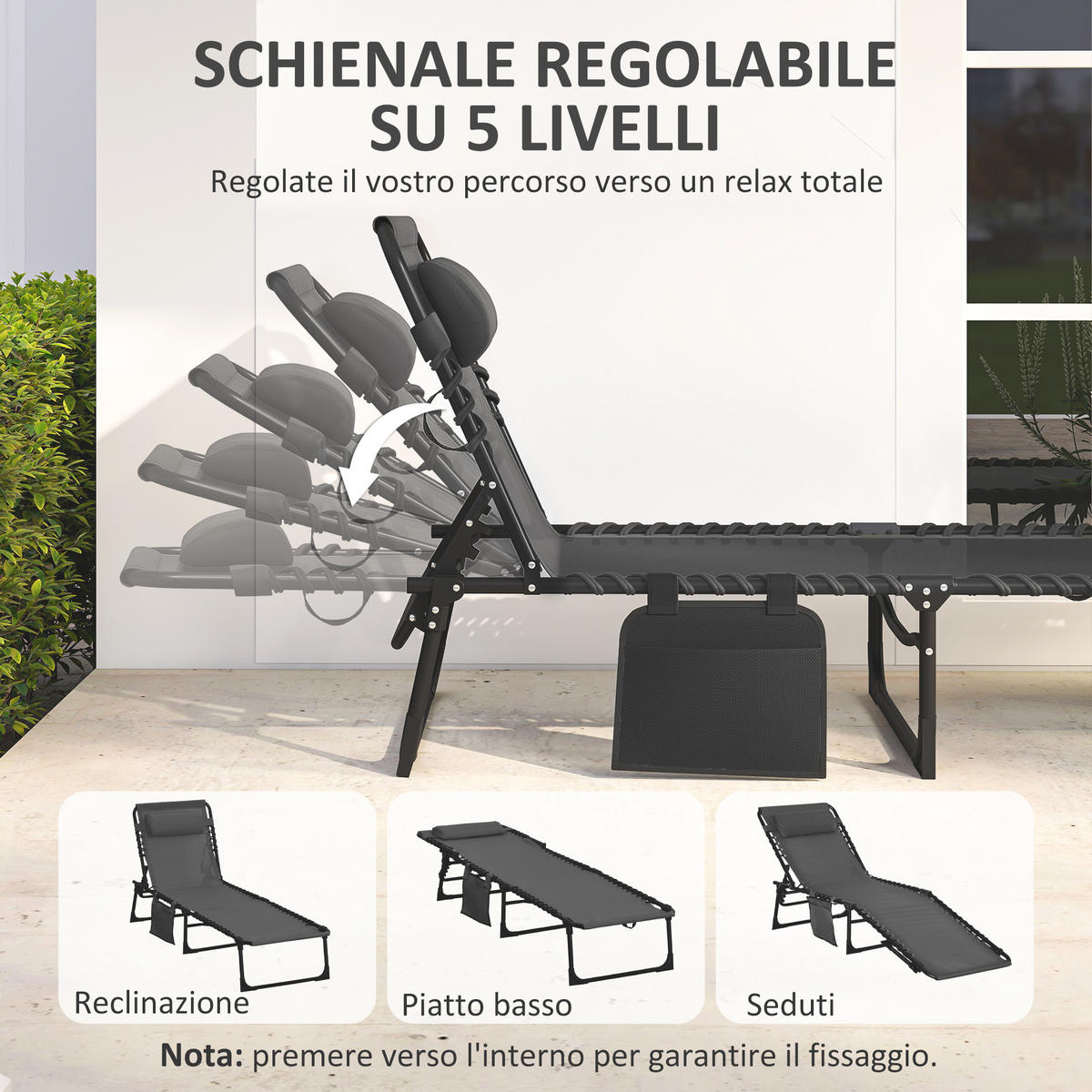 SONNENLIEGE Klappbare Gartenliege mit 5-fach verstellbarer Rückenlehne und Kissen 185 x 58 x 30 cm ,Schwarz - Schwarz, Metall (58/30/189cm) - Vallsero