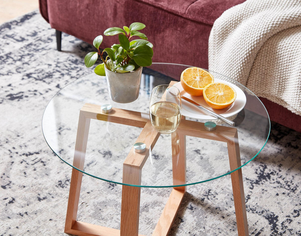 COUCHTISCH Eiche massiv mit Glasplatte, modernes Design, überkreuztes Gestell - Braun, Glas/Eichenholz (58/58/47cm) - KADIMA DESIGN