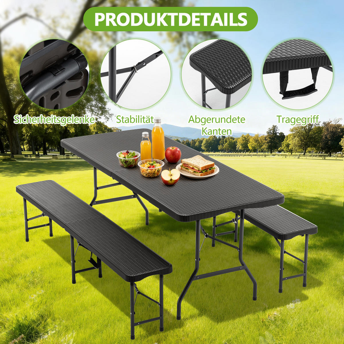 CAMPINGTISCH Set Picknicktisch mit Bänken faltbar wetterfest für Gartenparty - Schwarz, Kunststoff - Raelunyi