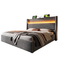 POLNJENA postelja iz lanu 140x200 cm siva z LED osvetlitvijo, USB/Type-C priključkom in hidravličnim predalom - siva, tekstil (140/200cm) - Modfu